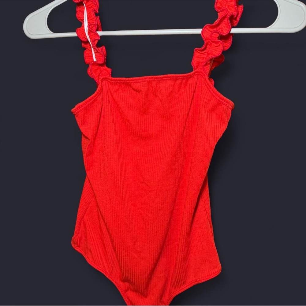 Red Ruffled Strap Bodysuit